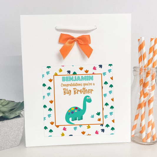 Personalised Congratulations New Big Brother Gift Bag Dinosaur