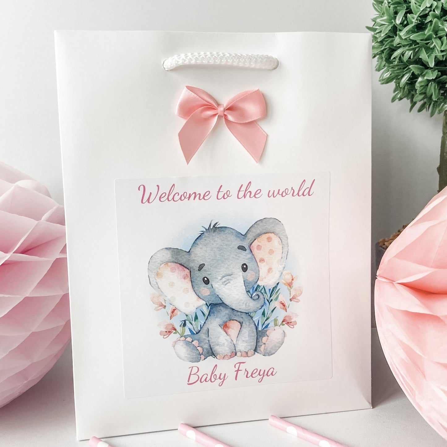 Personalised Congratulations New Baby Girl Gift Bag Watercolour Elephant