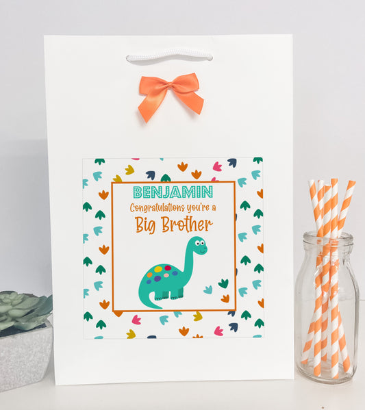 Personalised Congratulations New Big Brother Gift Bag Dinosaur