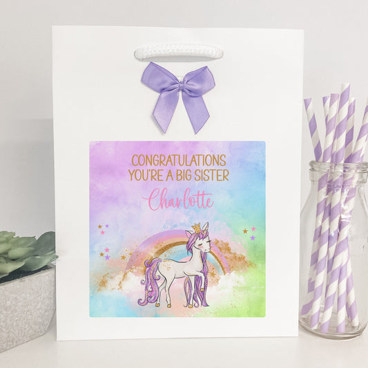 Personalised Congratulations New Baby Big Sister Gift Bag Unicorn