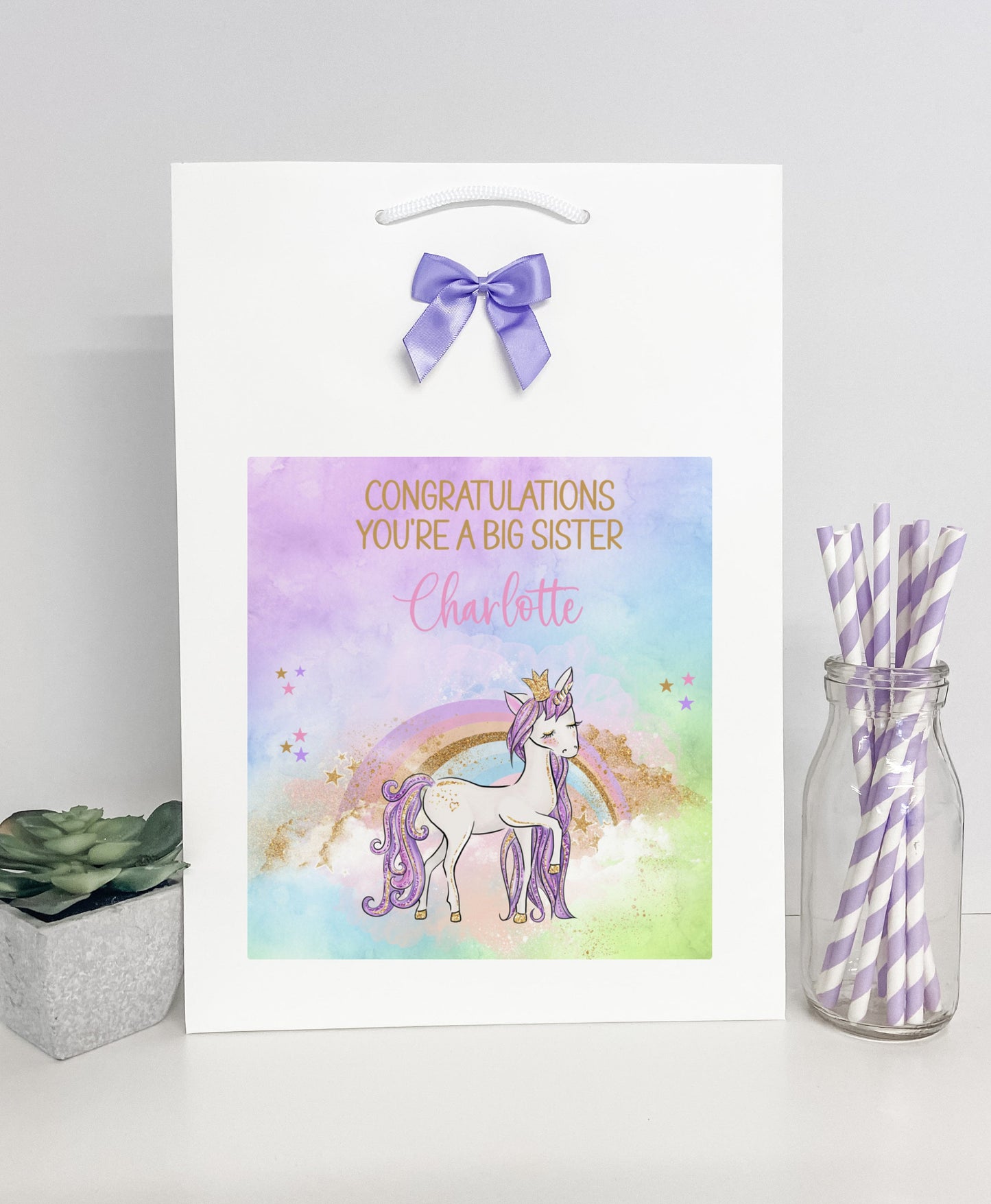 Personalised Congratulations New Baby Big Sister Gift Bag Unicorn