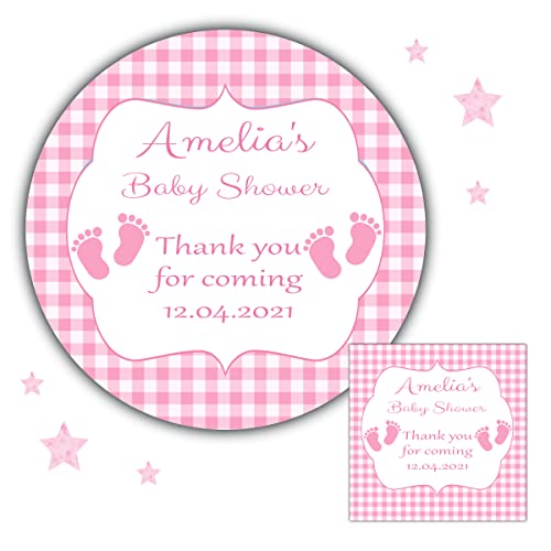 Personalised Baby Shower Stickers Pink Gingham Baby Feet
