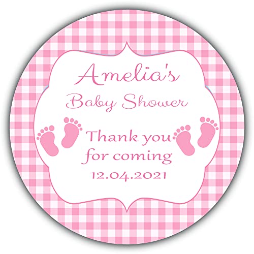 Personalised Baby Shower Stickers Pink Gingham Baby Feet