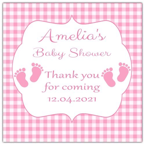Personalised Baby Shower Stickers Pink Gingham Baby Feet