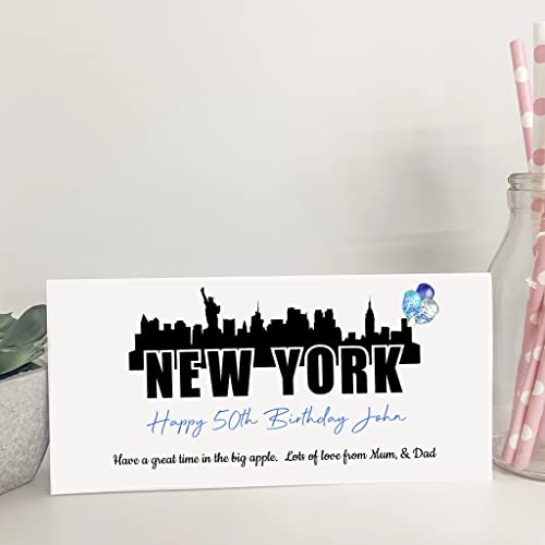 Personalised Birthday Card Money Gift Wallet Travel Voucher New York Blue
