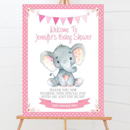 Personalised Baby Shower Welcome Sign Watercolur Elephant Pink