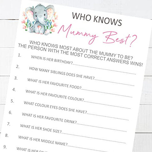 Baby Shower Games Who Knows Mummy Best Pink Watercolour Elephant