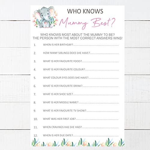 Baby Shower Games Who Knows Mummy Best Pink Watercolour Elephant