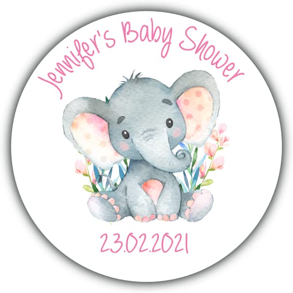 Personalised Baby Shower Party Stickers Watercolur Elephant Pink