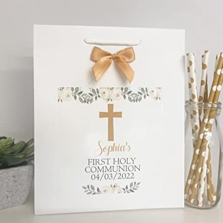 Personalised First Holy Communion Boutique Gift Bag Favour Party Boy Girl Gold Floral Cross