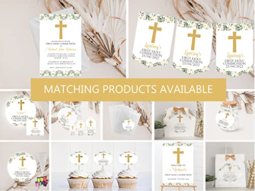 Personalised First Holy Communion Bunting Flags Gold Floral Cross