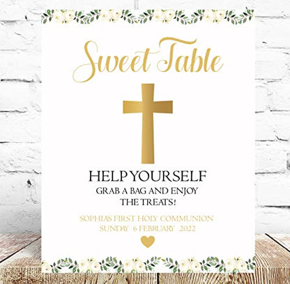 Personalised First Holy Communion Sweet Table Sign Gold Floral Cross