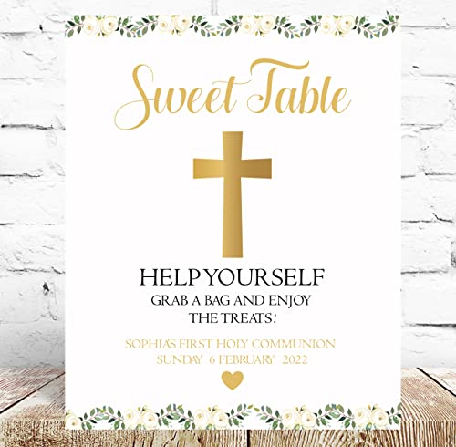 Personalised First Holy Communion Sweet Table Sign Gold Floral Cross