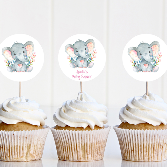 12 x Personalised Cupcake Toppers Baby Shower Watercolour Elephant Pink