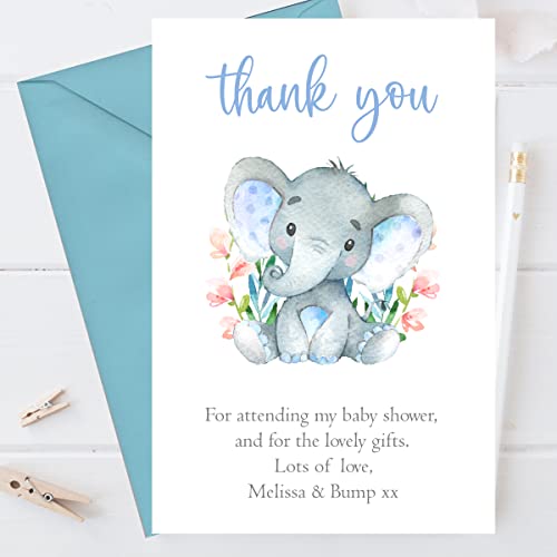 10 Personalised Baby Shower Thank You Cards Watercolour Elephant Blue