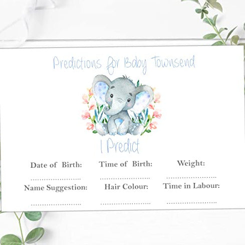 Personalied Baby Shower Games Baby Predictions Watercolour Elephant Blue