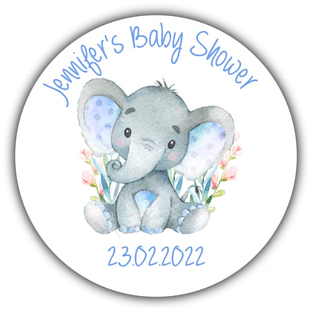 Personalised Baby Shower Stickers for Favours Party Bags Watercolour Elephant Blue