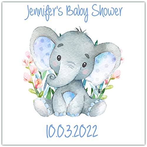 Personalised Baby Shower Stickers for Favours Party Bags Watercolour Elephant Blue