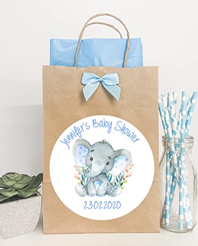 Personalised Baby Shower Paper Gift Bag Favour Loot Party Baby Boy Blue Watercolour Elephant