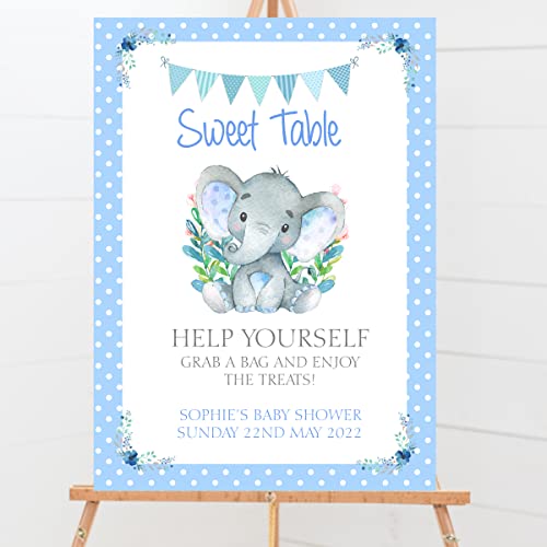 Personalised Baby Shower Sweet Table Sign Watercolour Elephant Blue