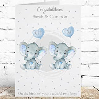 Personalised Congratulations New Baby Twins Card Girls Pink Watercolour Elephant