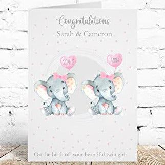 Personalised Congratulations New Baby Twins Card Girls Pink Watercolour Elephant