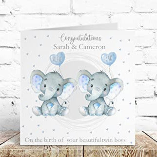 Personalised Congratulations New Baby Twins Card Girls Pink Watercolour Elephant