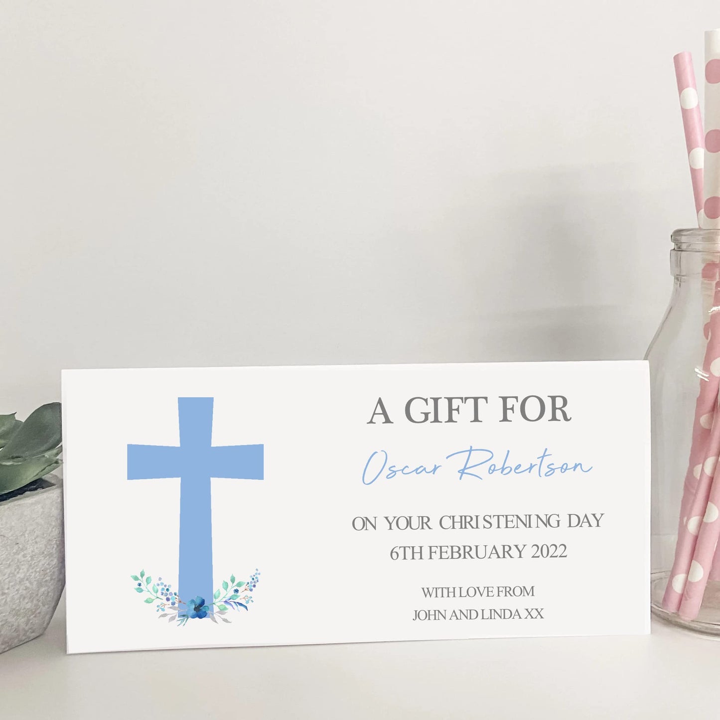 Personalised Card Money Gift Wallet Voucher for Christening Baptism Communion Boy