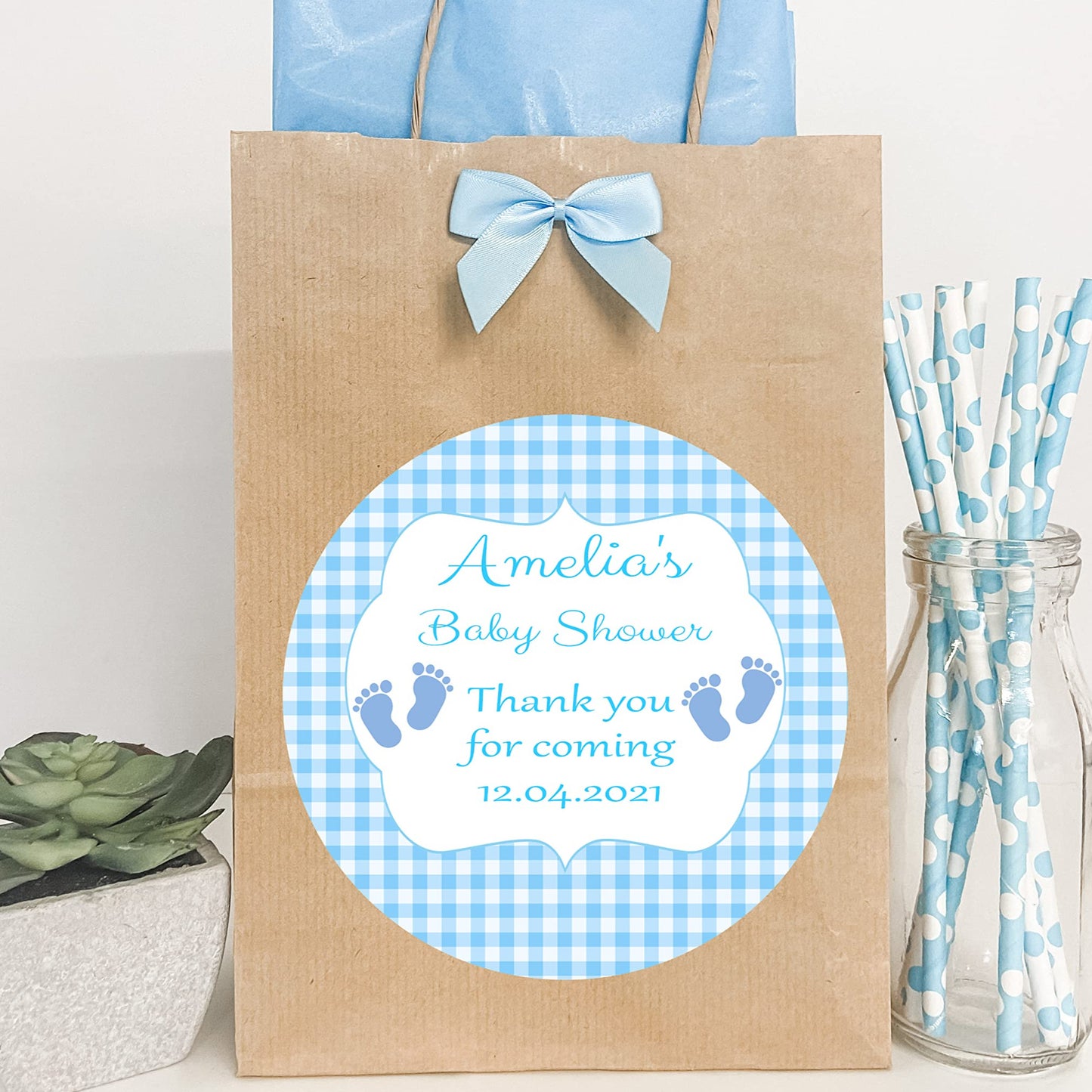 Personalised Baby Shower Party Gift Bag Footprints Blue Boy