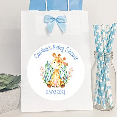 Personalised Baby Shower Party Gift Bag Watercolour Giraffe Blue Boy