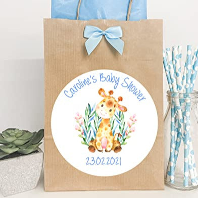 Personalised Baby Shower Party Gift Bag Watercolour Giraffe Blue Boy