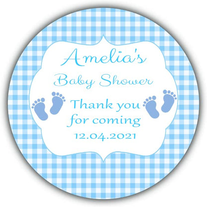 Personalised Baby Shower Stickers Blue Gingham Baby Feet