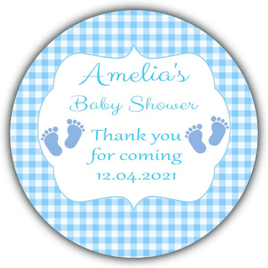 Personalised Baby Shower Stickers Blue Gingham Baby Feet