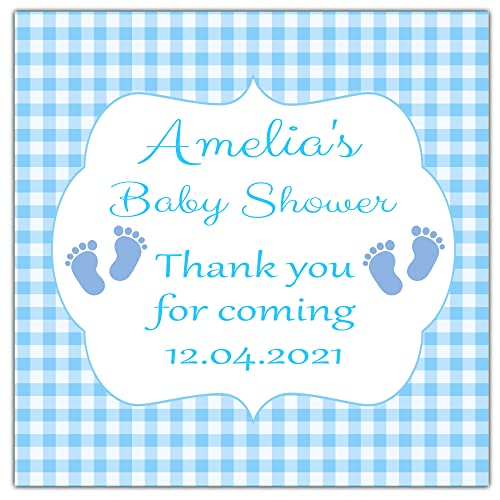 Personalised Baby Shower Stickers Blue Gingham Baby Feet