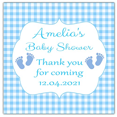 Personalised Baby Shower Stickers Blue Gingham Baby Feet