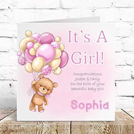 Personalised Congratulations New Baby Girl Card Teddy Bear Balloons