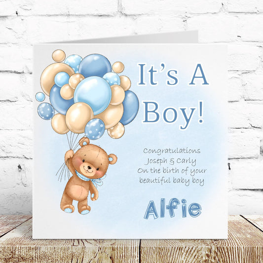 Personalised Congratulations New Baby Boy Card Teddy Bear Balloons