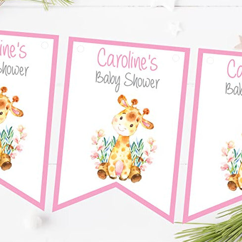 Personalised Baby Shower Bunting Flags Watercolour Giraffe Pink Girl