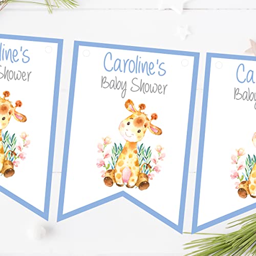 Personalised Baby Shower Bunting Flags Watercolour Giraffe Boy Blue