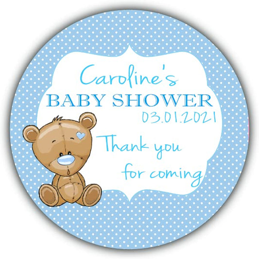 Personalised Baby Shower Stickers for Favours Party Bags Blue Boy Teddy Bear