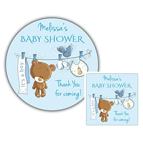 Personalised Baby Shower Stickers for Favours Party Bags Blue Boy Teddy Bear Washing Line
