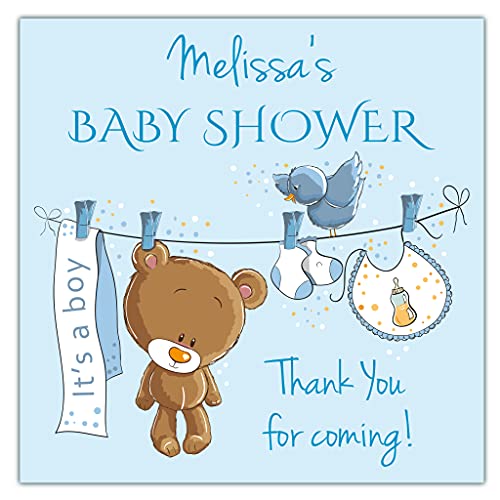 Personalised Baby Shower Stickers Blue Boy Teddy Bear Washing Line