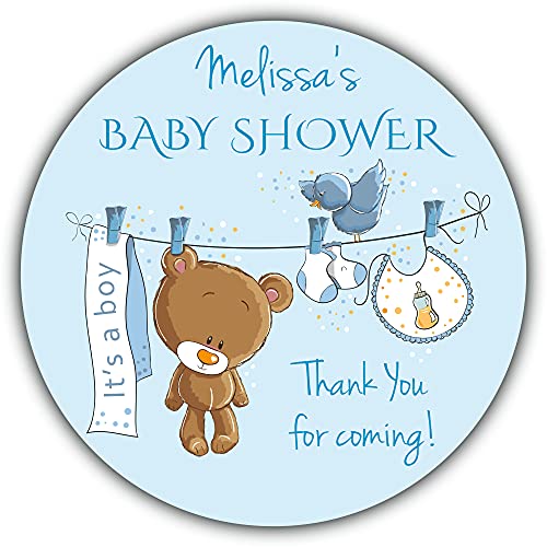 Personalised Baby Shower Stickers Blue Boy Teddy Bear Washing Line