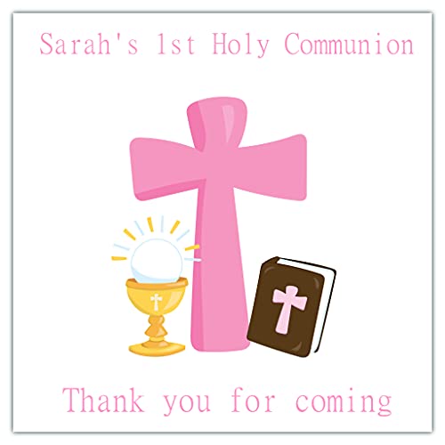Personalised First Holy Communion Party Stickers Chalice Cross Pink