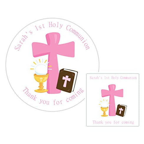 Personalised First Holy Communion Party Stickers for Favours Party Bags Girl Pink