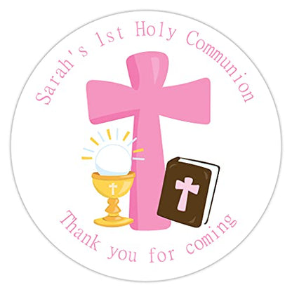 Personalised First Holy Communion Party Stickers Chalice Cross Pink