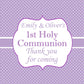 Personalised First Holy Communion Party Stickers Lilac Polka Dot