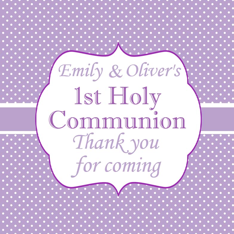 Personalised First Holy Communion Party Stickers Lilac Polka Dot