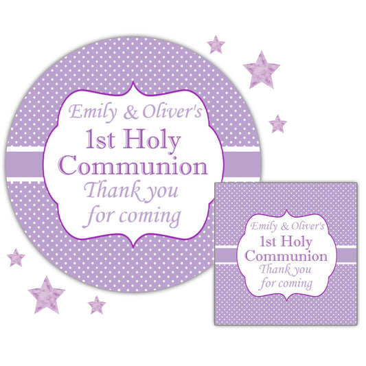 Personalised First Holy Communion Party Stickers Lilac Polka Dot