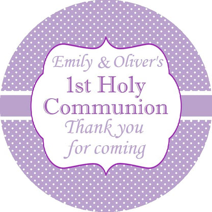 Personalised First Holy Communion Party Stickers Lilac Polka Dot